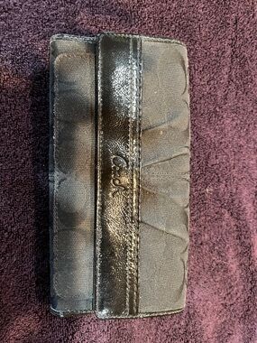 Coach Black Signature Fabric Wallet with Patent Trim